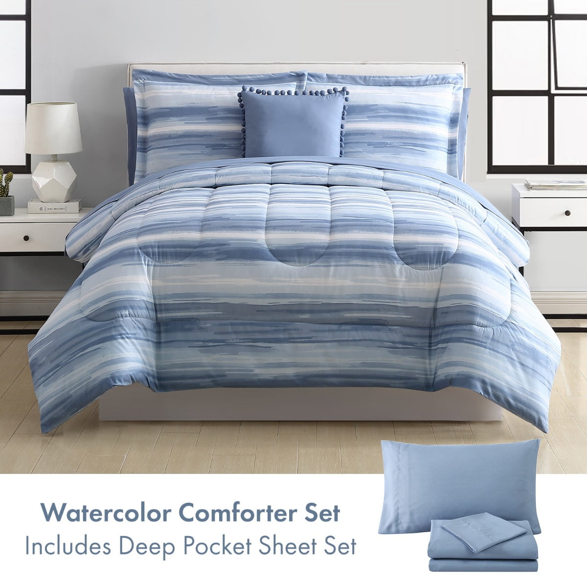 6 Piece Striped Watercolor Plush, Blue And White Striped Twin Bedding