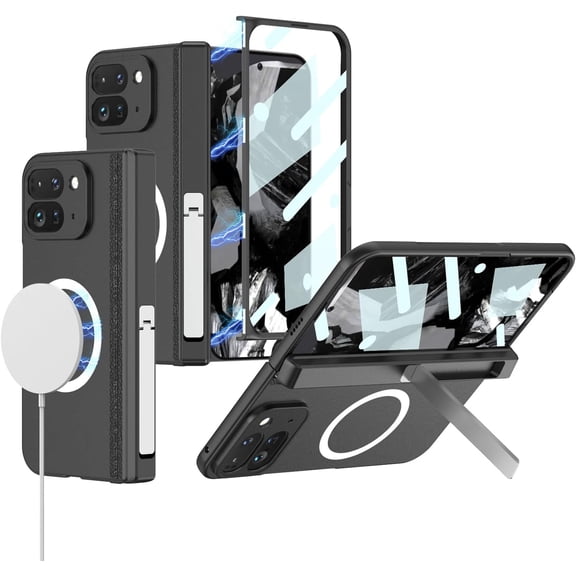 Magnetic Stand for Google Pixel 9 Pro Fold Case Compatible with Magsafe Charger Built-in Screen Protector Hard PC Ultra Thin Non-Slip Anti-Scratches Shockproof Protective Suction Case, Black