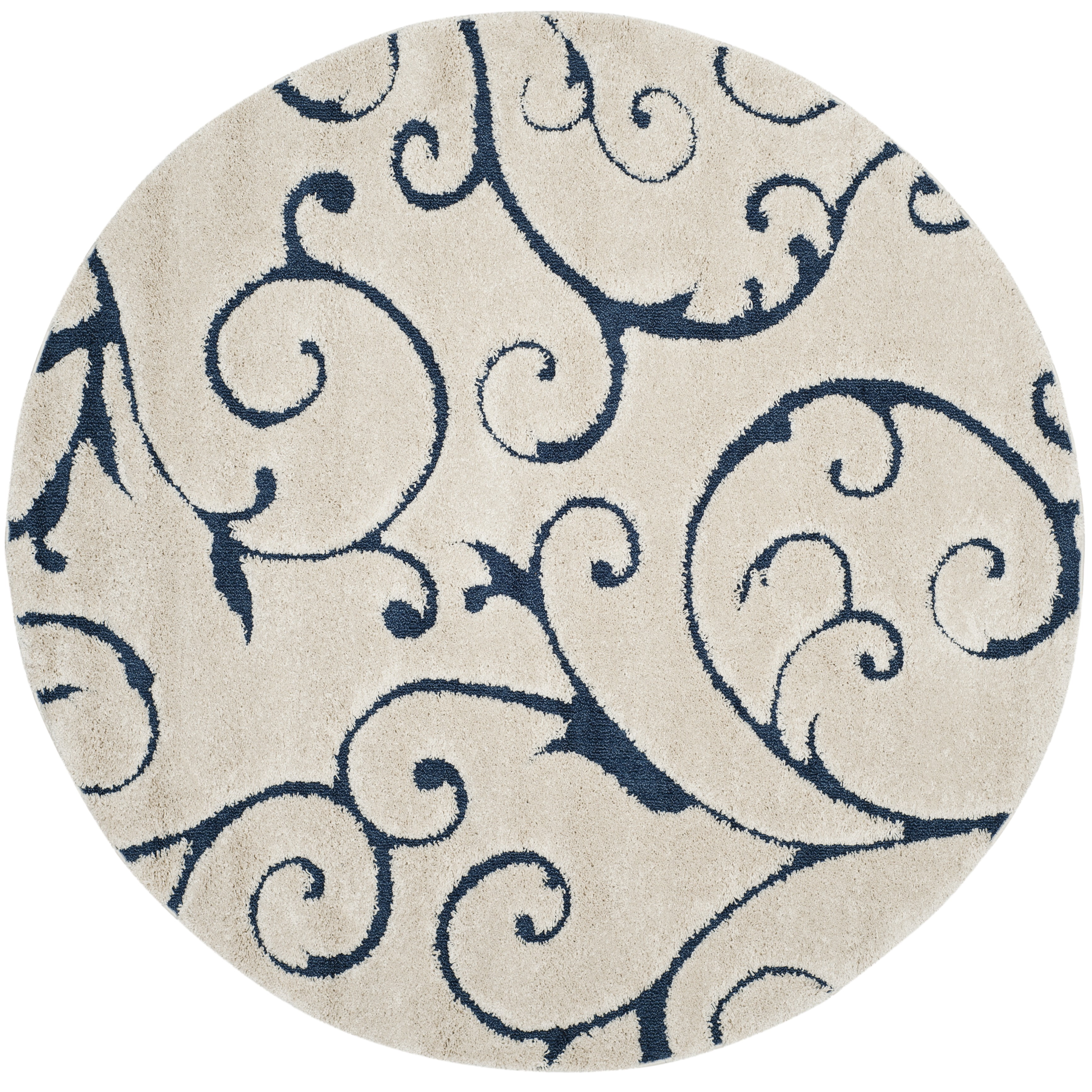 SAFAVIEH Florida Doug Floral Vines Geometric Shag Area Rug, Cream/Blue, 8' x 8' Round - Transitional Modern Design, Cream & Blue, Non-Shedding & Easy Cleaning, Ultra Plush Thick Pile, Ideal for Livin