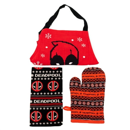 

Marvel Deadpool Holiday Kitchen Textile Set of 3: Apron Dish Towel and Oven Mitt
