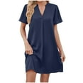 thumbnail image 2 of Women Dresses Plus Leisure Fashion Dresses New Loose V-neck Sexy Solid Short Sleeved Fashion Dresses Blue Trendy Skirt Size XL, 2 of 7