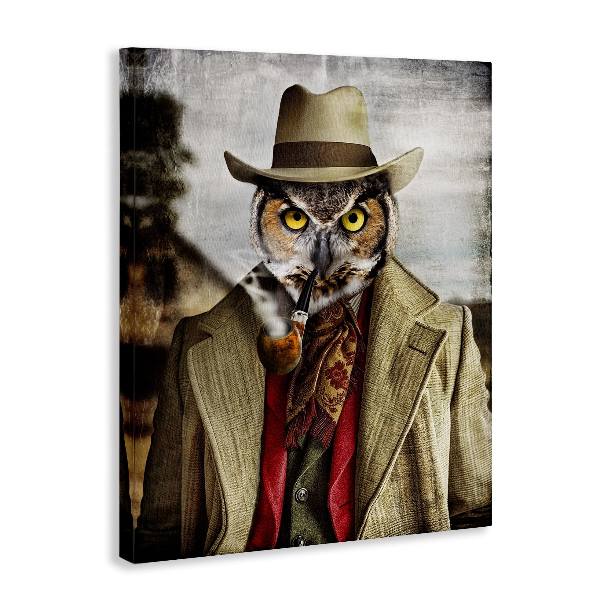 Stupell Industries Owl with Classic Pipe Animals & Insects Painting Gallery Wrapped Canvas Art Print Wall Art, 30 x 40