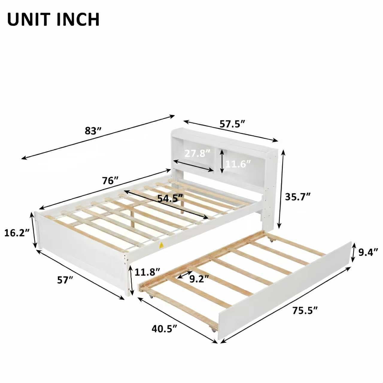 Sailvan Full Size Platform Bed with Trundle and Storage Bookcase Headboard, Solid Pine Wood White