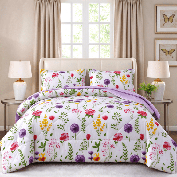 Smuge 3-Piece Full/Queen Down Alternative Floral Comforter Set, Box Stitched, 1 Comforter & 2 Pillow Shams, Purple Red Flower