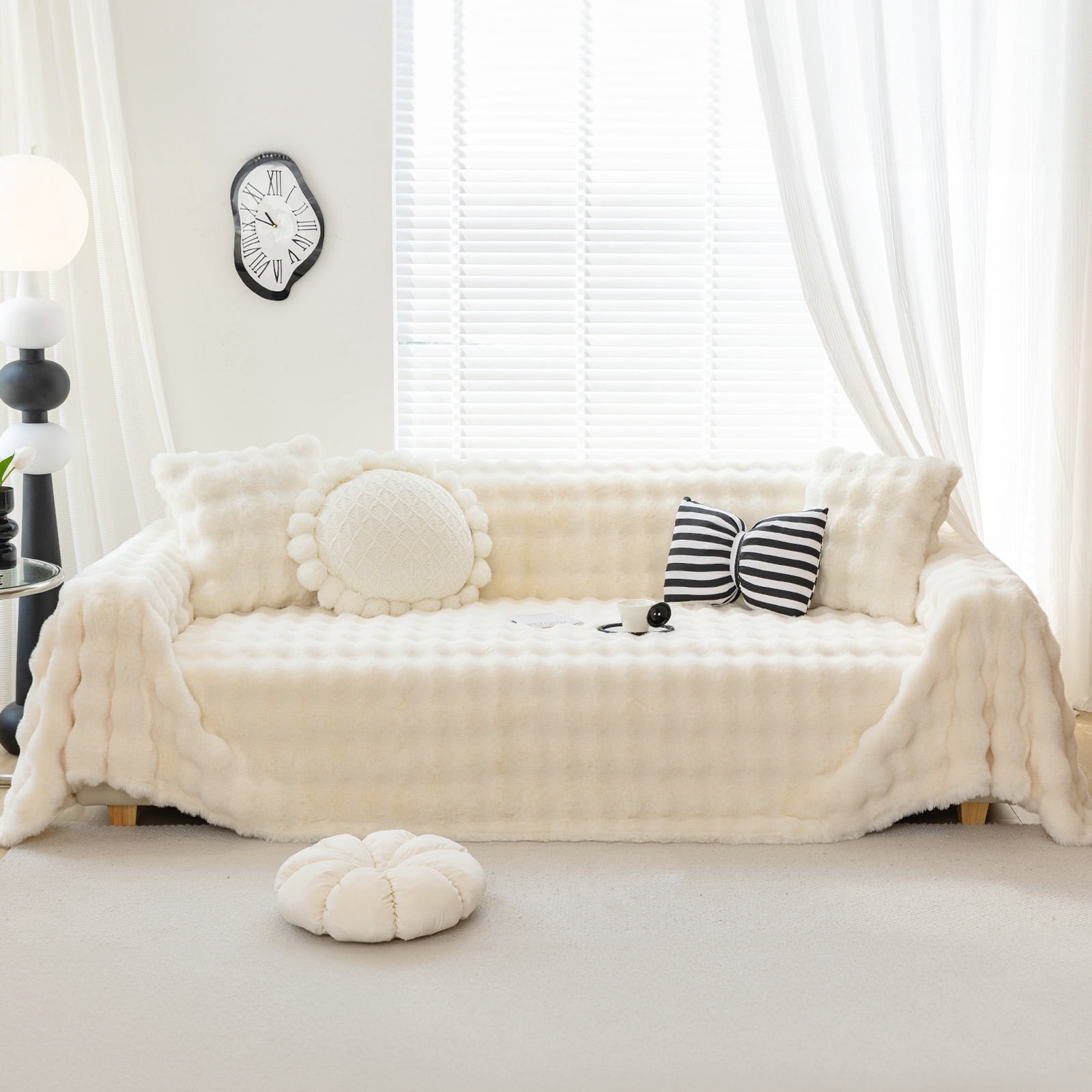 WOOW DEPOT Warm Faux Rabbit Fur Sofa Cover Machine Washable, Thick Throw Blanket L Shape Slipcover for 3 Cushion Couch, Beige Cream 71"x134"