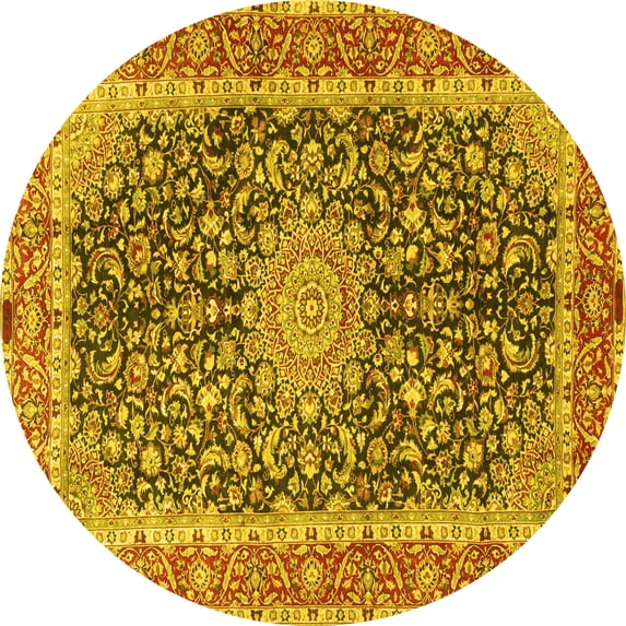 Ahgly Company Machine Washable Indoor Round Medallion Yellow Traditional Area Rugs, 4' Round