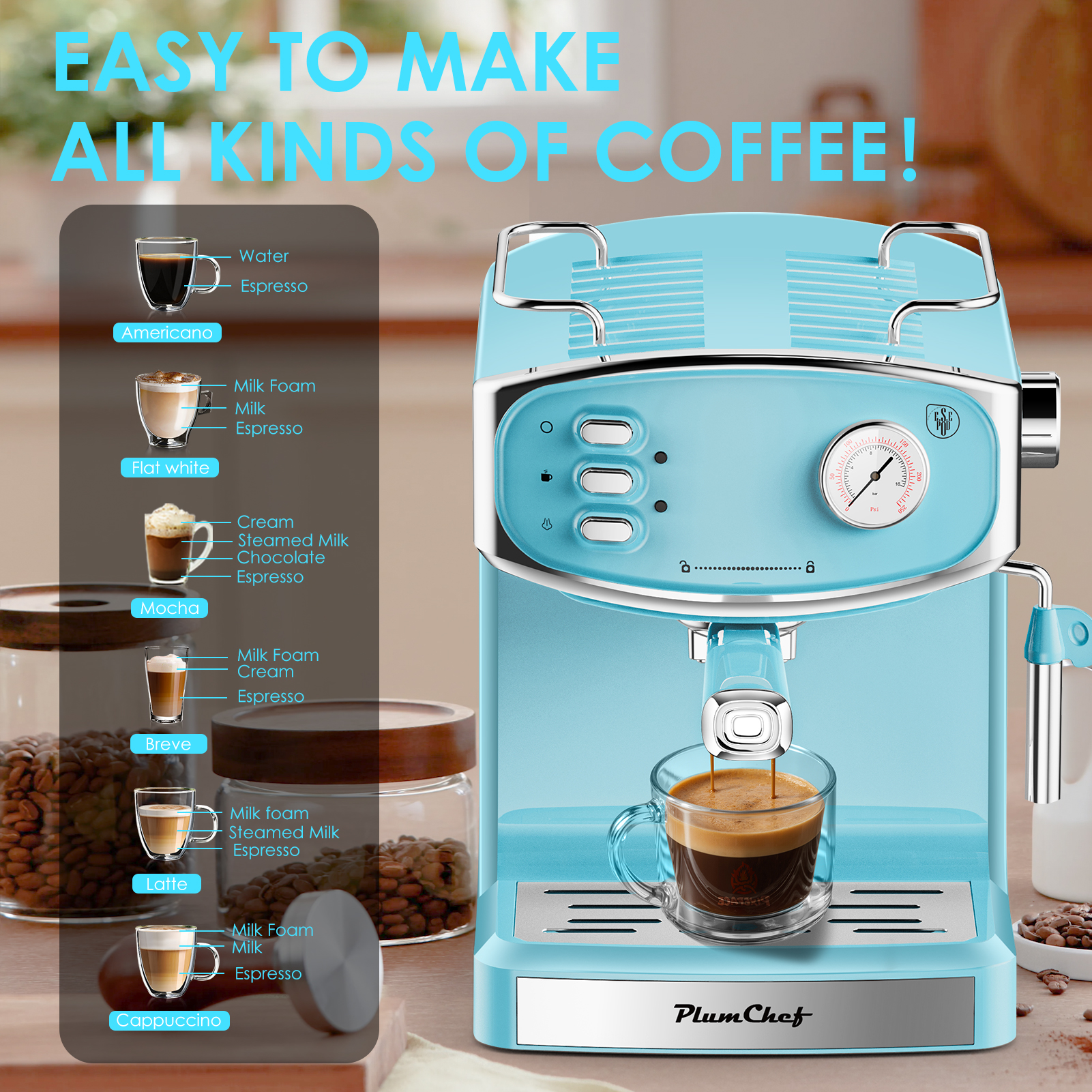 Plum Chef 20-Bar Espresso Machine with Milk Frother, Stainless Steel Cappuccino & Latte Maker with Pressure Gauge, 1.8L Tank, Blue