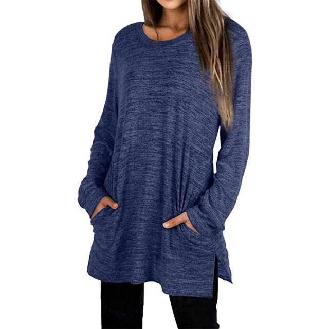 Tops de cuello redondo de color puro para mujer, camisa holgada informal de manga larga con abertura lateral y bolsillo para el trabajo diario, azul oscuro XL