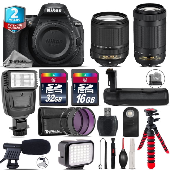 Nikon D5600 DSLR + AFS 18-140mm VR + AFP 70-300mm VR + LED Kit + Flash + 48GB (International Version)