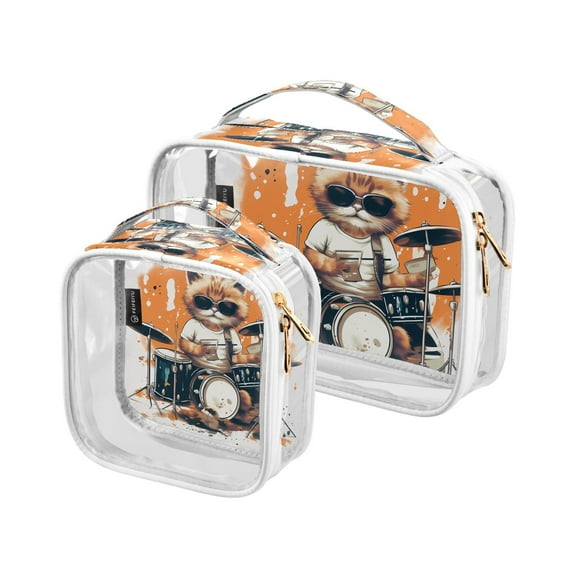 Cat Rack Drum Clear Cosmetic Bags with Handles PVC Toiletry Bags Zipper Waterproof Portable for Traveling 2 Pcs