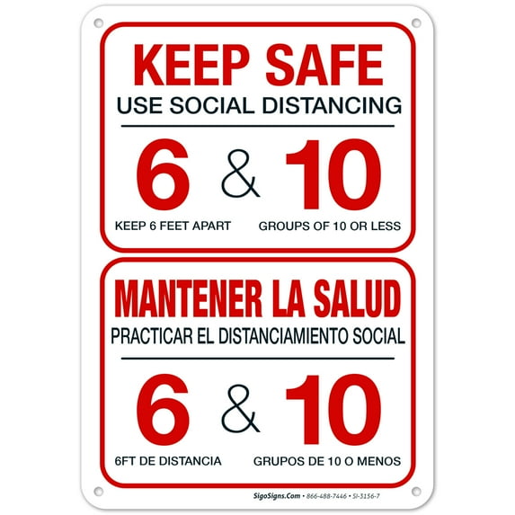 Social Distancing Sign, Social Distancing English And Spanish Sign, 10x7 Aluminum