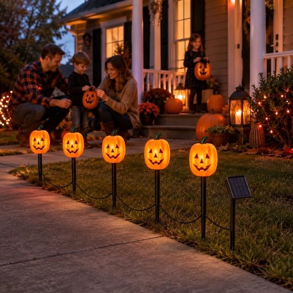 Halloween Outdoor Lights, Solar Halloween Pathway Lights, Jack-O-Lantern Stake Lights, 2-Pack 99In Waterproof String Lights for Patio Yard Lawn Walkway Ghost Decor