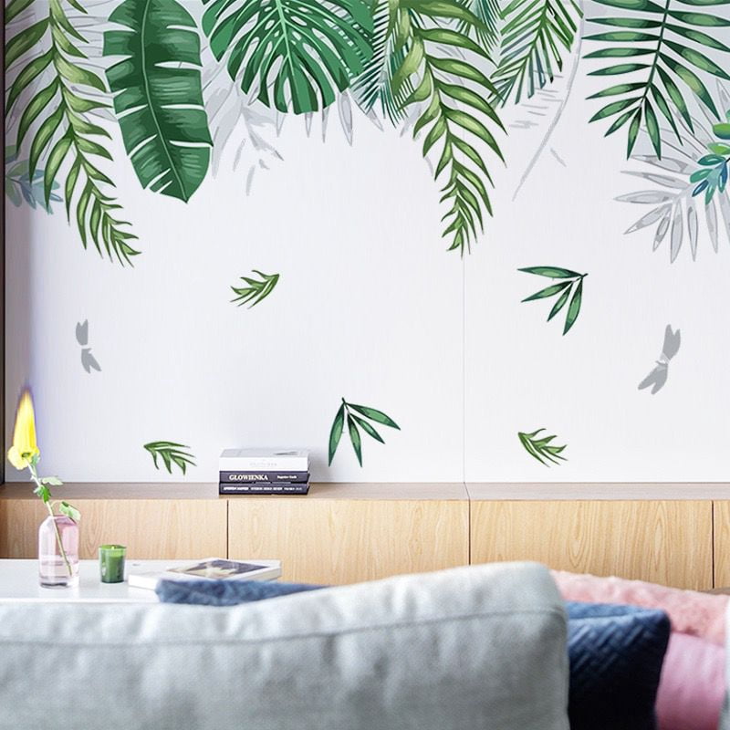Green Tropical Palm Tree Leaves Wall Stickers, KALYLOC Waterproof Tropical Green Leaf Plants Wall Decal, Peel and Stick Nature Jungle Wall Decor for Living Room Bedroom Door Decoration