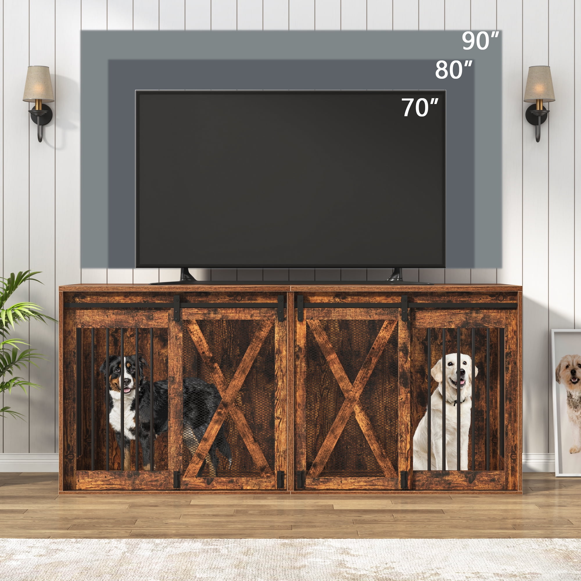 Nordee 78.7" XXL Dog Crate Furniture for 2 Large Dogs, Heavy Duty Double Dog Cage Large Breed, 35.4" Tall Thick Wooden Dog Kennel TV Stand with Divider, Rustic Brown