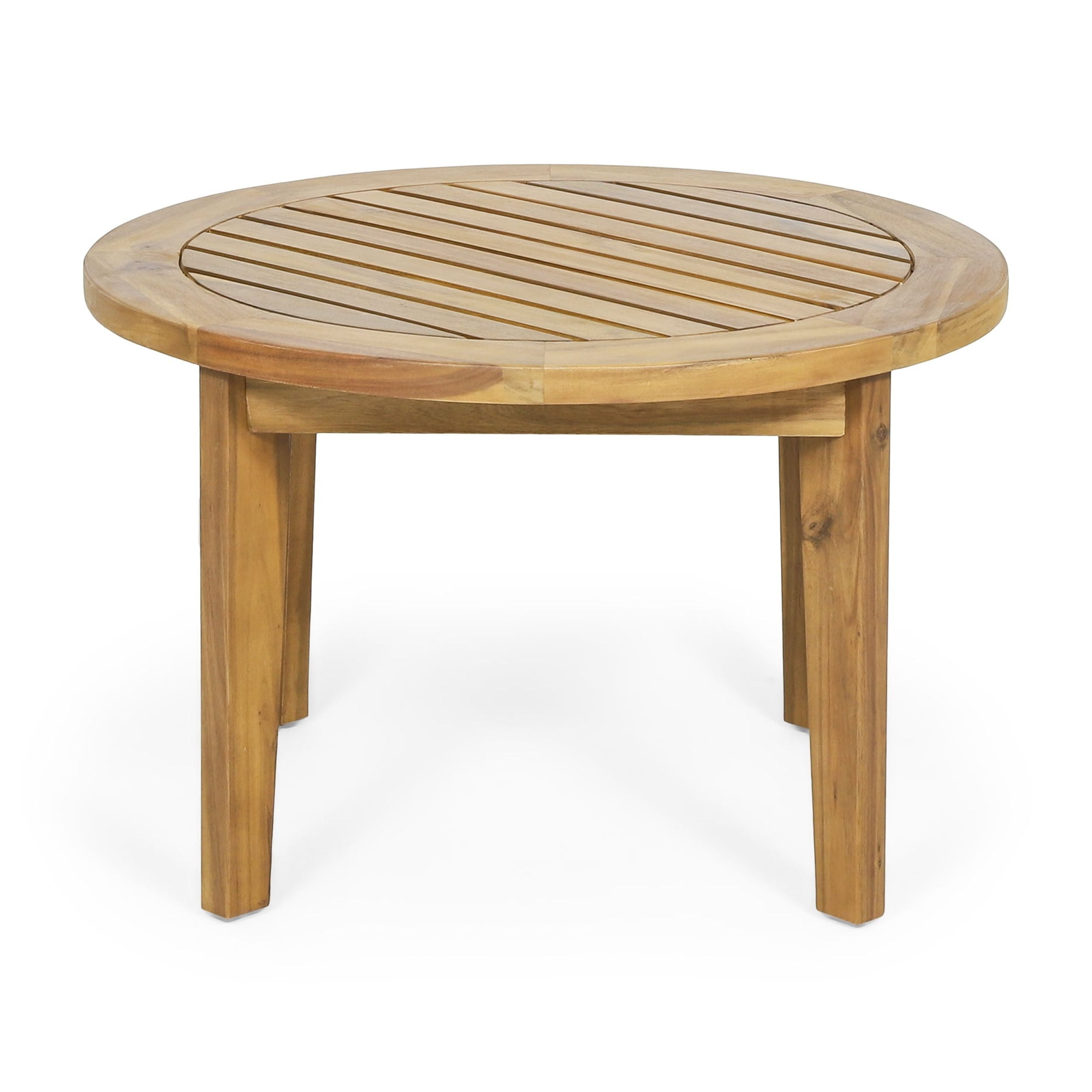 27-Inch Round Outdoor Acacia Wood Coffee Table with Slatted Top and Tapered Legs, Patio Side Table for Garden, Brown