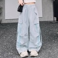 thumbnail image 2 of NOLDARES Girls Parachute Pants Kids Elastic Waist Wide Leg Cargo Pants Y2K Street Baggy Trousers with Pockets(Blue,8-10 Y), 2 of 6