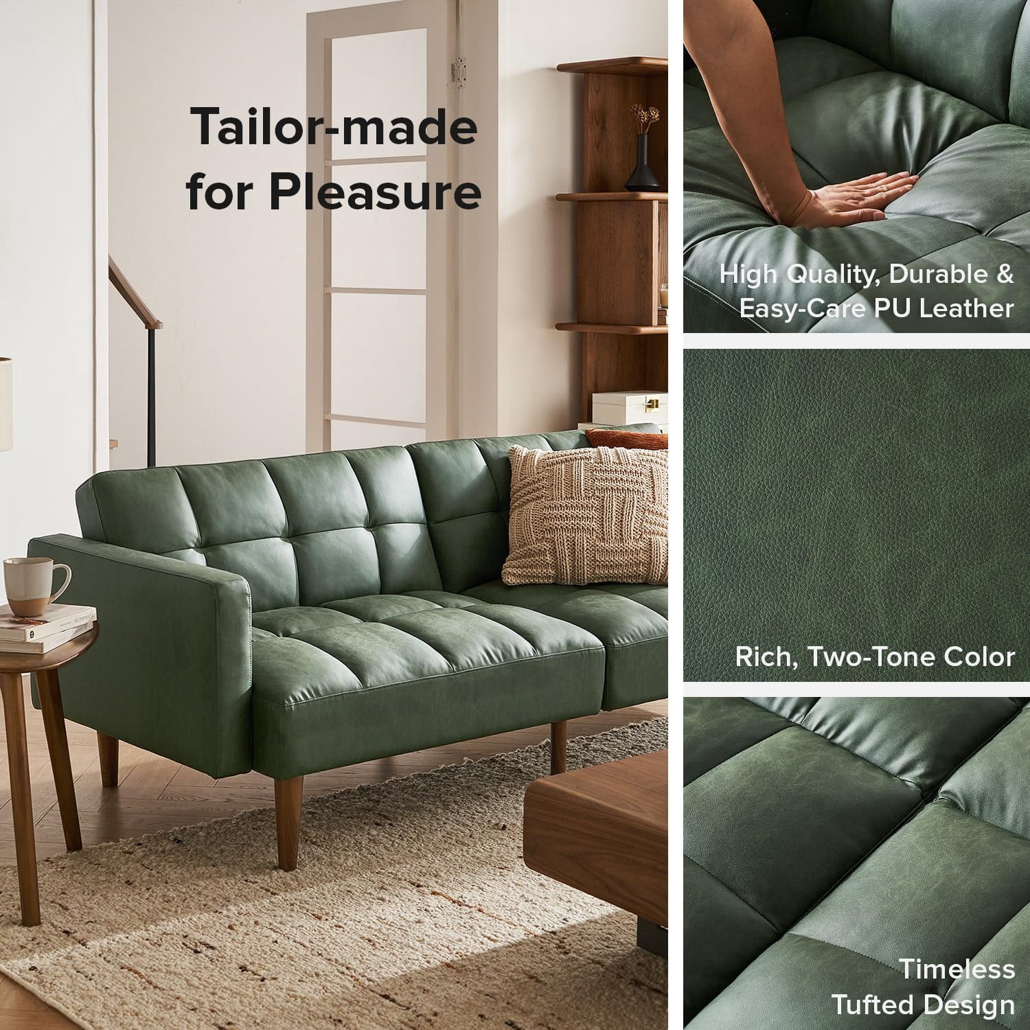 Mopio Aaron Futon Convertible Sofa Sleeper Futon with Arms Split Back Design 77.5" Sage Green Faux Leather