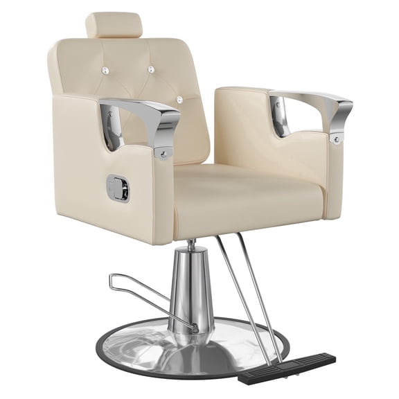 KIGOTY 360° Swivel Barber Chair, Reclining Salon Chair for Barbershop, Height Adjustable Hair Chairs, All Purpose Styling Chair with Hydraulic Pump, Spa Equipment, Beige Sliver
