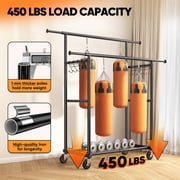 HOKEEPER Heavy Duty Double Rails Clothes Rack with Shelves, 450lbs Capacity Steel Garment Rack with Wheels, Commercial Grade Adjustable Length Bottom Mesh Shelf for Storage, Black
