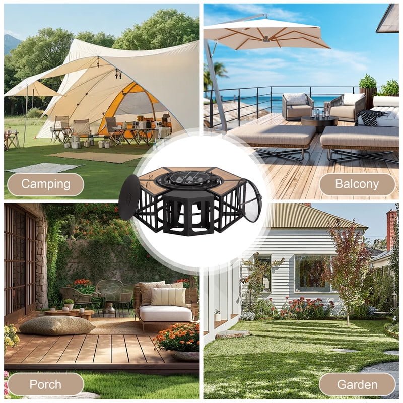 GAZEBETER 51" Fire Pit,Outdoor Wood Burning Fire Pits with Lids,Fire Poker and Metal Side Table,BBQ Fire Pits for Picnic Party, Natural Wood Grain