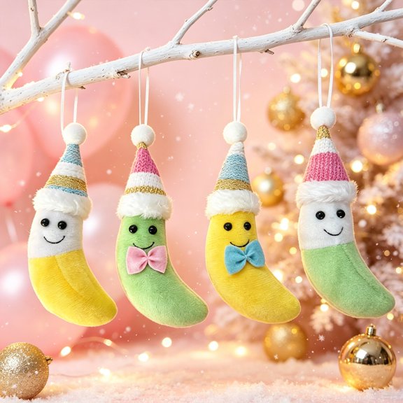 Plush Banana Christmas Ornaments, 4 Pack 6.3 Inch Soft Fabric Hanging Decorations for Christmas Tree, Wreath and Garland, bldnkj
