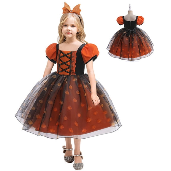 Girls Easter Dress Short Sleeved Small Floral Princess Style Girls Summer Dress for Girls Fashion Design Summer Dress (Orange,5-6 Years)