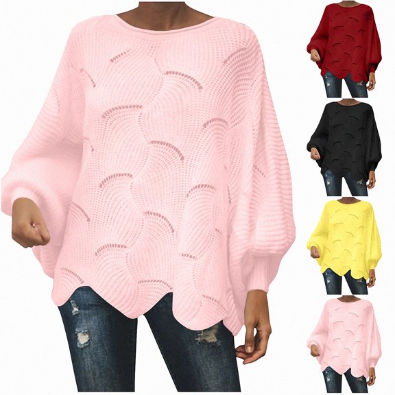 Teylalorva Women's Fashion Sweater Long Sleeve Round Neck Pullover Top Pink Size 4XL
