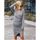 thumbnail image 2 of Vestido Manga Larga Cuello En V Paquete Cadera Cintura Alta Dobladillo Asimétrico Vestido Elegante Para Mujer Gris M, 2 of 8