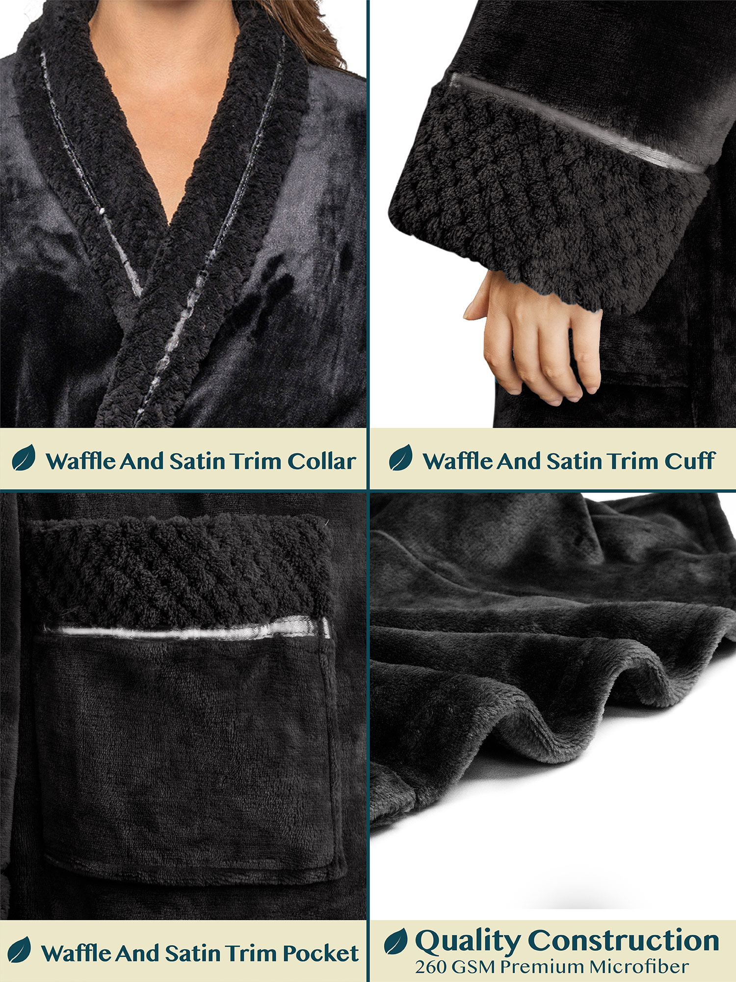 PAVILIA Soft Plush Women Fleece Robe, Black Cozy Bathrobe, Female Long Spa Robe, Warm Housecoat, Satin Waffle Trim, S/M - image 4 of 8