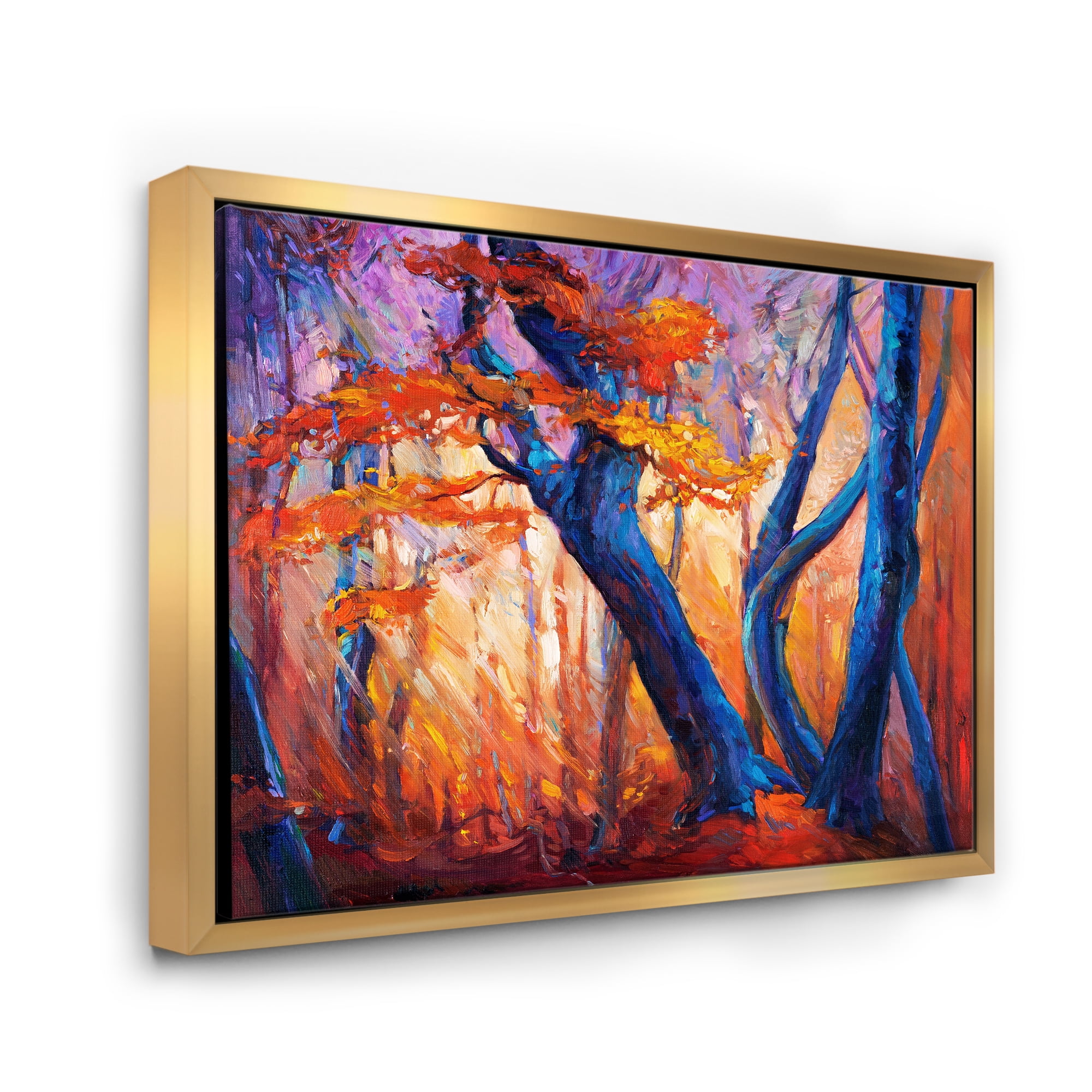 Designart 'Abstract Blue Silhouettes Of Trees In Orange Autumn Forest' Farmhouse Framed Canvas Wall Art Print