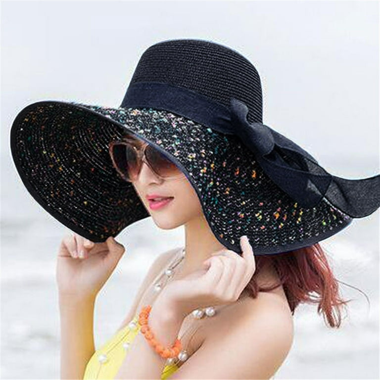 Yuehao Accessories Women Colorful Big Brim Straw Bow Hat Sun Floppy Wide Brim Hats Beach Cap Baseball Caps Navy, adult Unisex, Size: One Size
