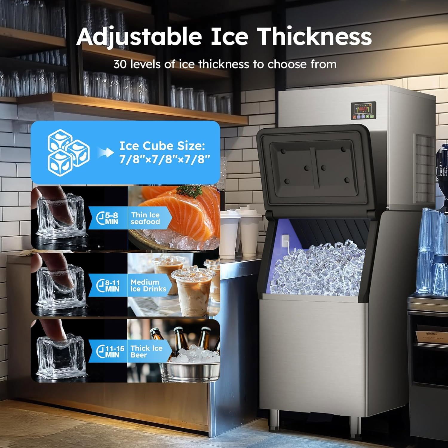 Joreek Commercial Ice Maker 680 LBS/24h with 560 LBS Storage Bin, 156 Ice Cubes Ready in 5-15 min, Stainless Steel Industrial Ice Machine 30 Adjustable LCE Thicknesses for Bar Restaurant Cafe