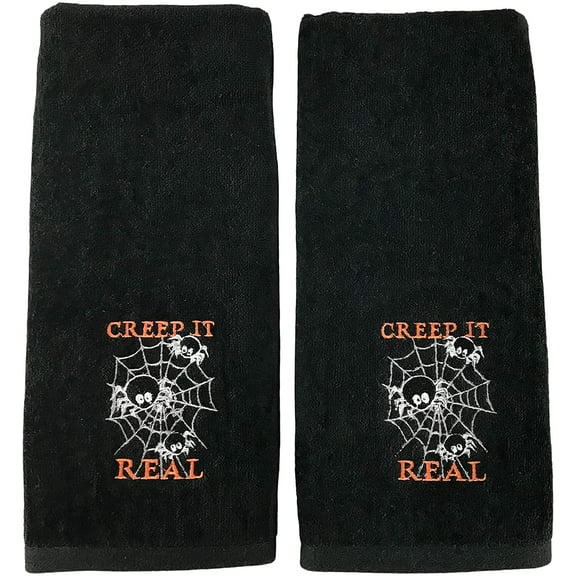 Serafina Home Decorative Halloween Hand Towels: Creep It Real Spider Web Design Embroidered Black Plush Velour Cotton, Set of 2 (Spiders)