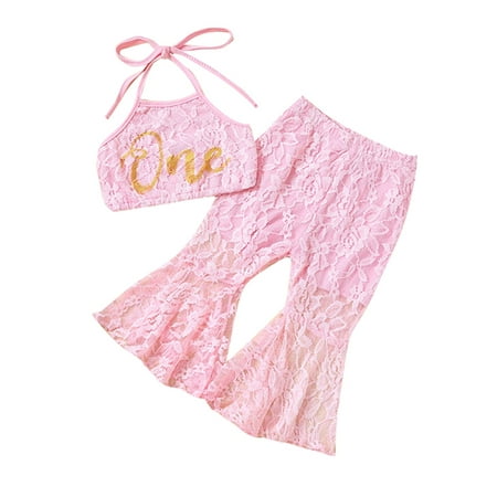 

Toddler Baby Girl Birthday Outfits Lace Sleeveless Halter Neck Crop Tops Bell Bottom Flared Pants Summer Clothes (Pink 3-6 Months)