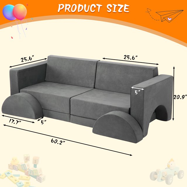 EastVita 8-Piece Modular Kids Couch Set - Multi-Use Sectional Sofa for Playroom, Bedroom (Gray)