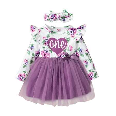 

Kucnuzki 3 Months Baby Girl Winter Dress Causal Dress 6 Months Baby Girl Long Sleeve Floral Prints Tulle Dress Headband 2PCS Set Purple