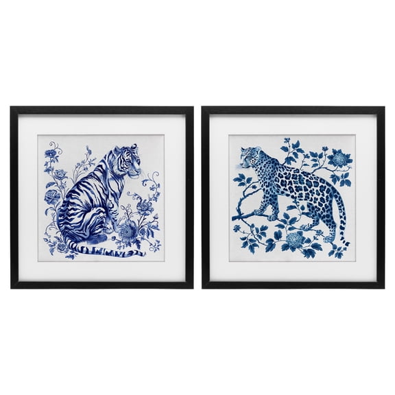 Ornate & Detailed Large Cats 2 Piece Black Framed Print Under Glass Set, design by Lettered and Lined