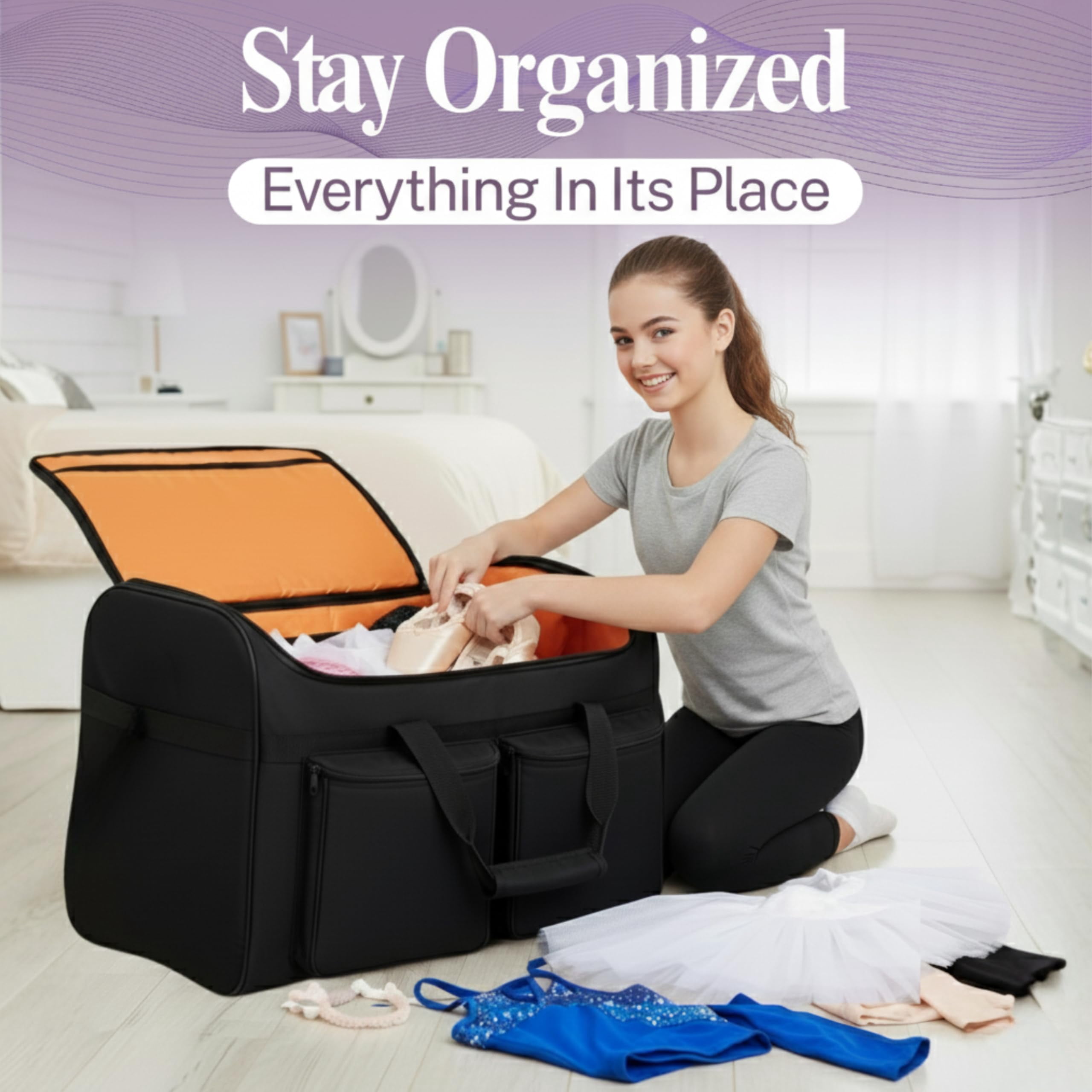 Dance Duffle Bag with Garment Rack 28" – Rolling Dance Competition Bag for Shows, Travel and Performances – Collapsible Dance Suitcase with Portable Trolley and Storage Pockets