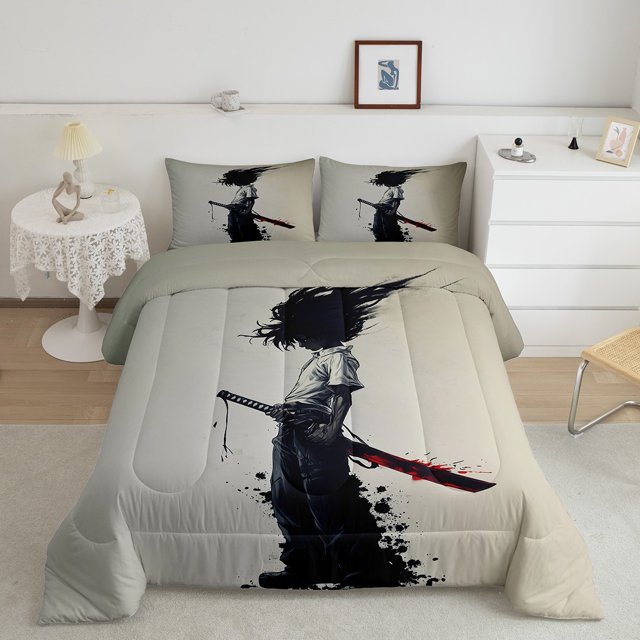 Erosebridal Anime Boy Bedding Queen Comforter Set, Japanese Style Down Comforter, Samurai Anime Decor, Reversible