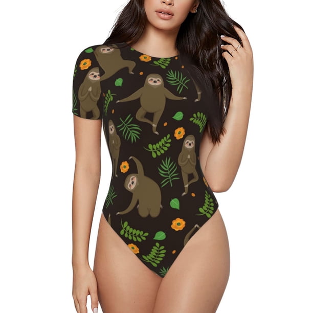Balery Sloth Doing Yoga Body de cuello redondo de manga corta para mujer Tops de manga corta Tops básicos-Medium