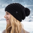 thumbnail image 2 of Wuphunn Womens Winter Knitted Beanie Hat Snow Ski Skull Cap Ski Cap Brimmed Beanie Fleece‑Lined Pom Beanie Pompom Soft Warm Hat womens winter hat Black One Size, 2 of 4