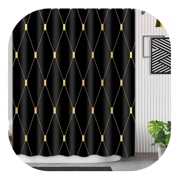 XIBUFE Black Gold Modern Shower Curtain Gold Abstract Striped Shower Curtains for Bathroom Decor Geometric Luxury Fabric Hotel Style Bath Curtain with 12 Hooks Machine Washable,