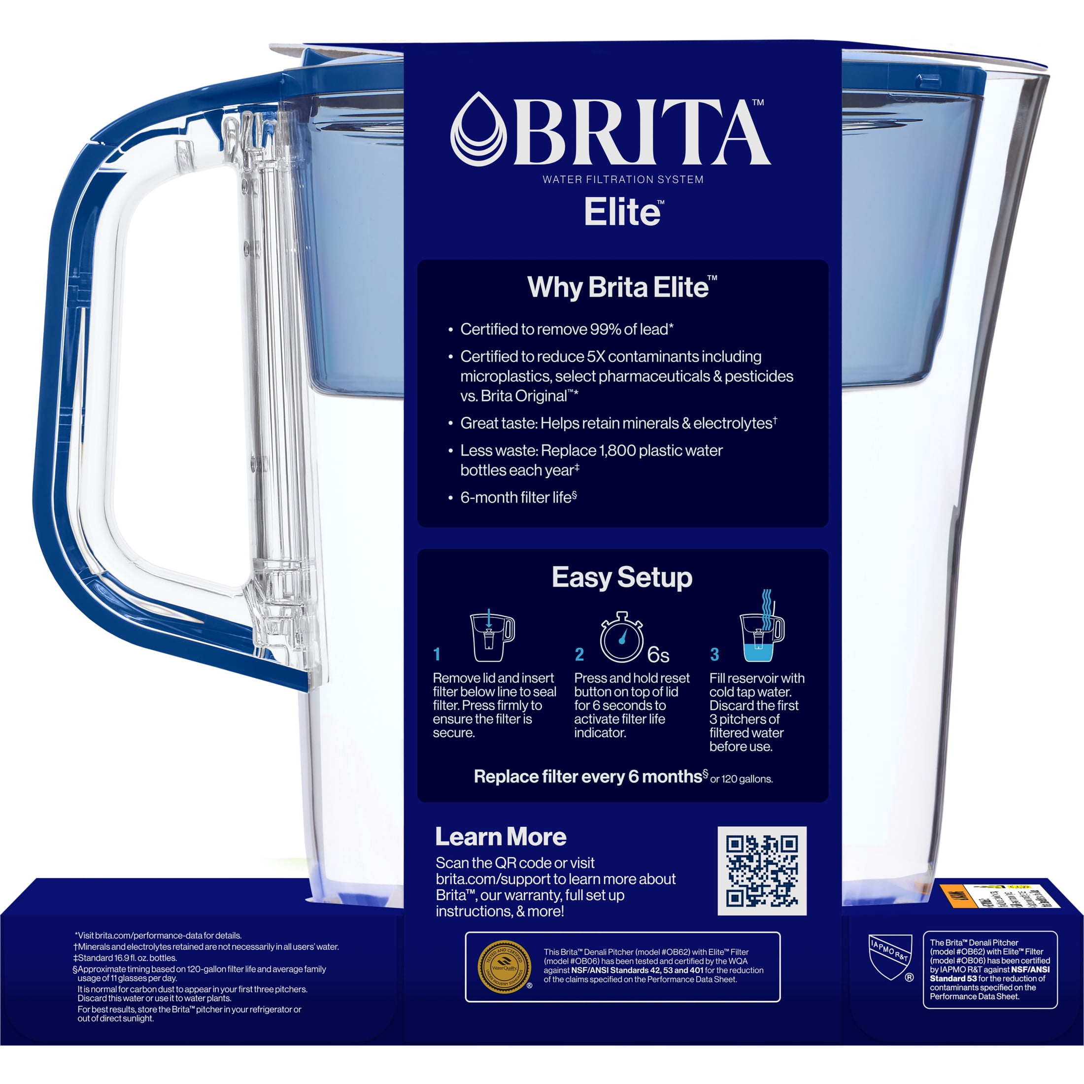 Brita 6 Cup Small Plastic Water Filter Pitcher, Mazarine, Blue, BPA Free with 1 Brita Elite Filter
