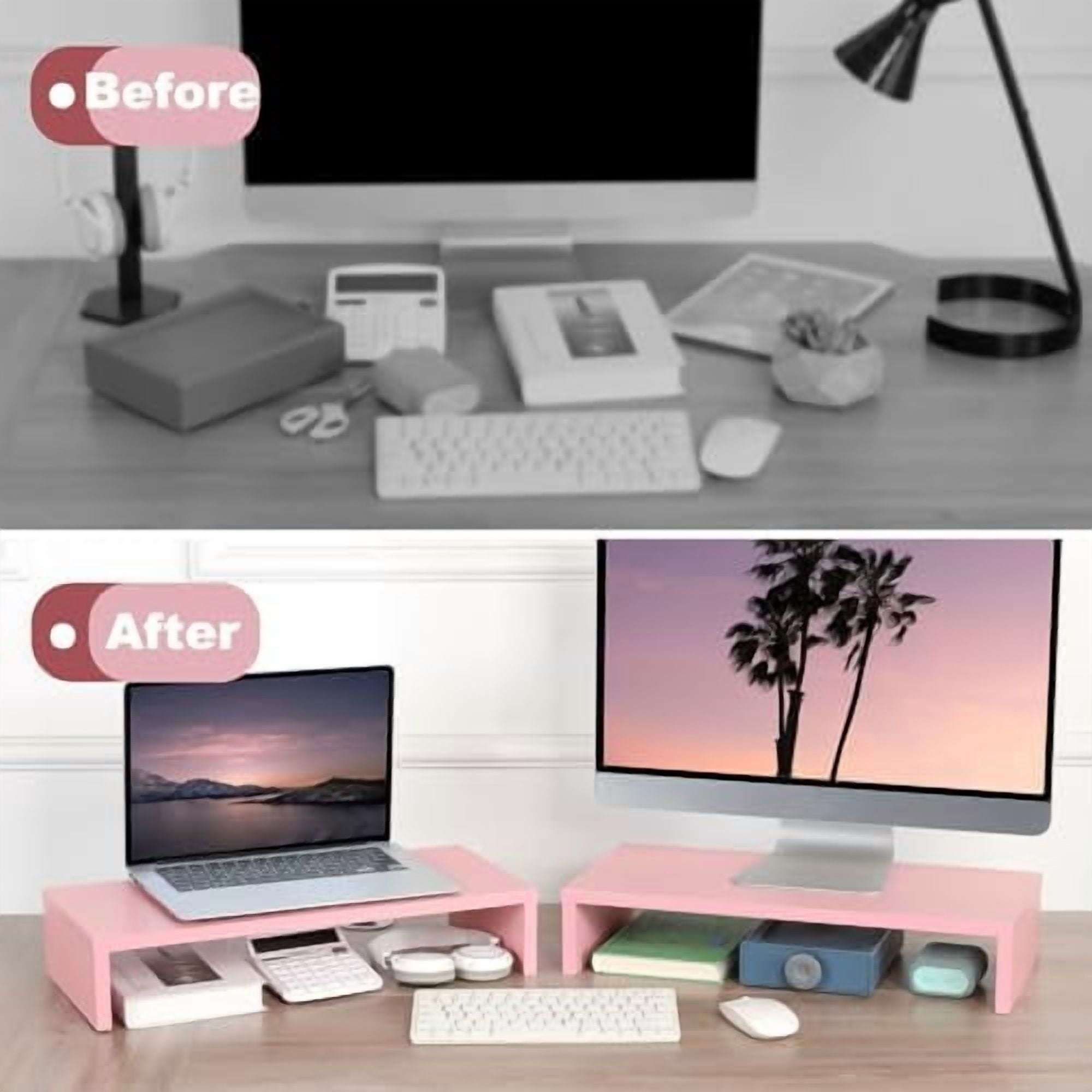 Pink Monitor Riser-20L inch, Wood Monitor Stand for Desk, Sturdy TV/Screen/PC/Printer/Laptop Riser,Computer Shelf with Storage TV Holder for Home Office (Pink, 20 inch)