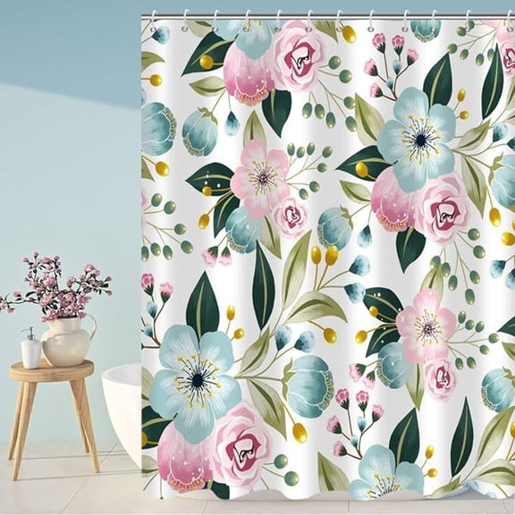 Floral Shower Curtain, Teal Blue And Pink Flowers Blossom Spring Bathroom Curtain Waterproof Fabric Machine Washable With Hooks 48"W x 72"L