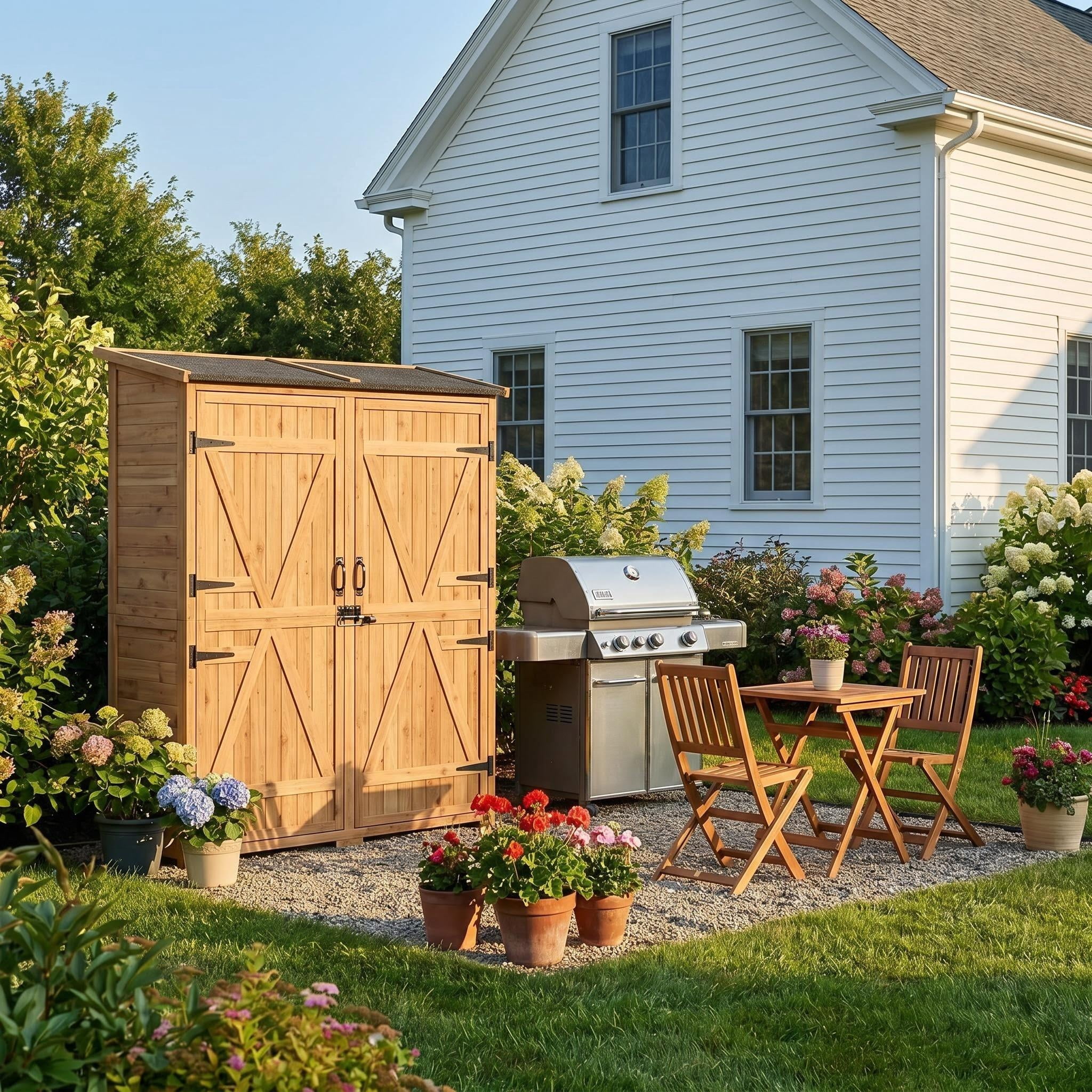 Lofka Wooden Outdoor Storage Shed with Asphalt Roof, Solid Fir Wood Garden Cabinet, Natural