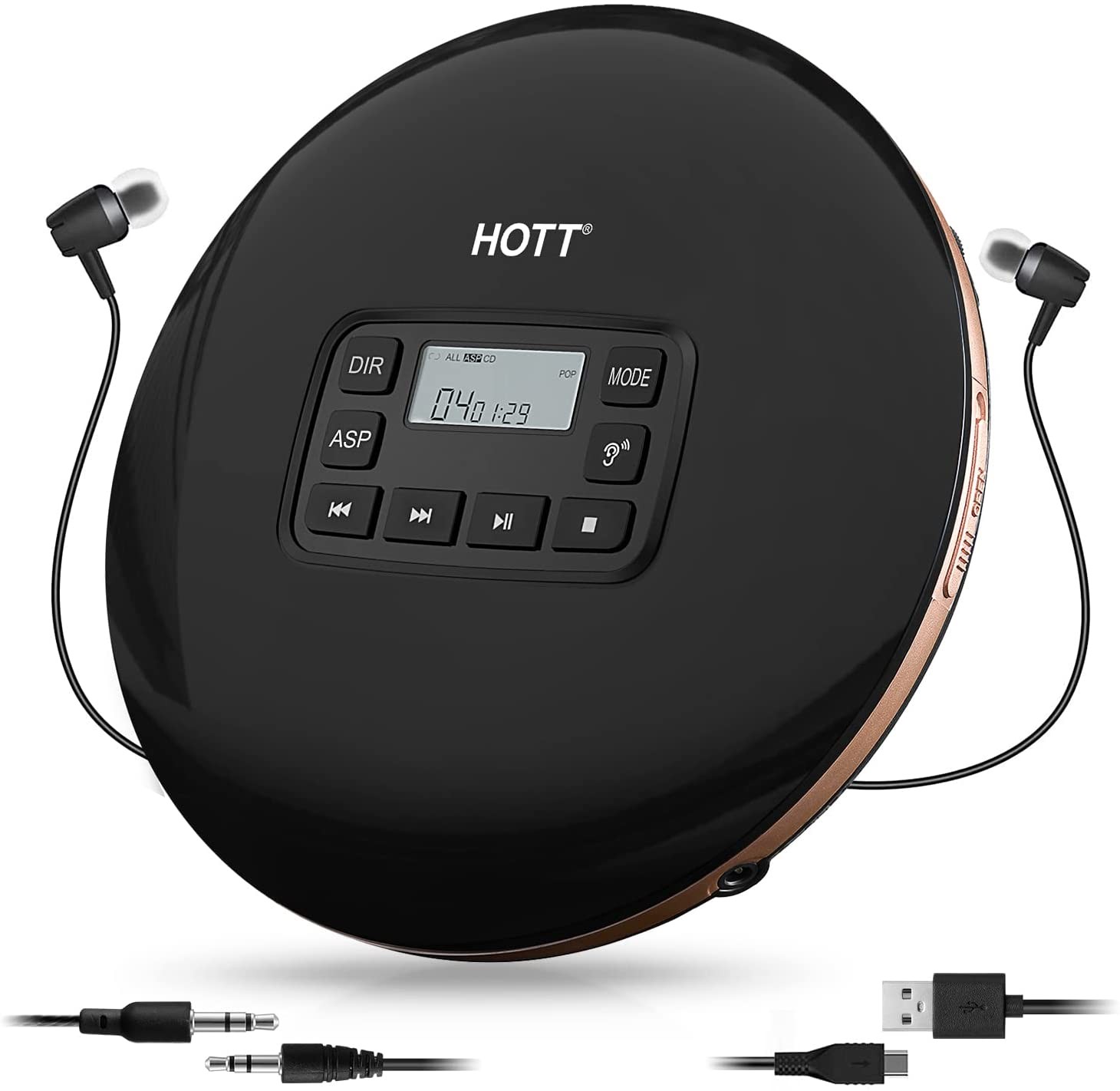HOTT CD611 Portable CD Player AntiShock with Headphones USB AUX Output