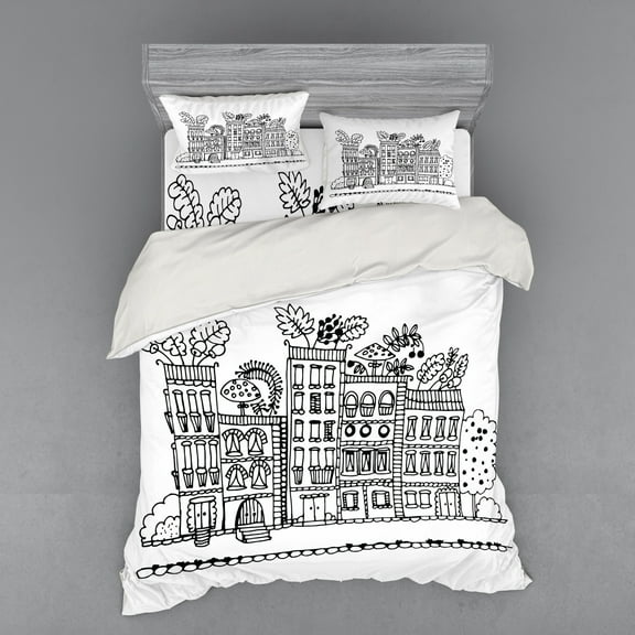 Ambesonne Modern Bedding Set 4 Pcs, Sketchy Cartoon Drawing Art, Queen, White and Black