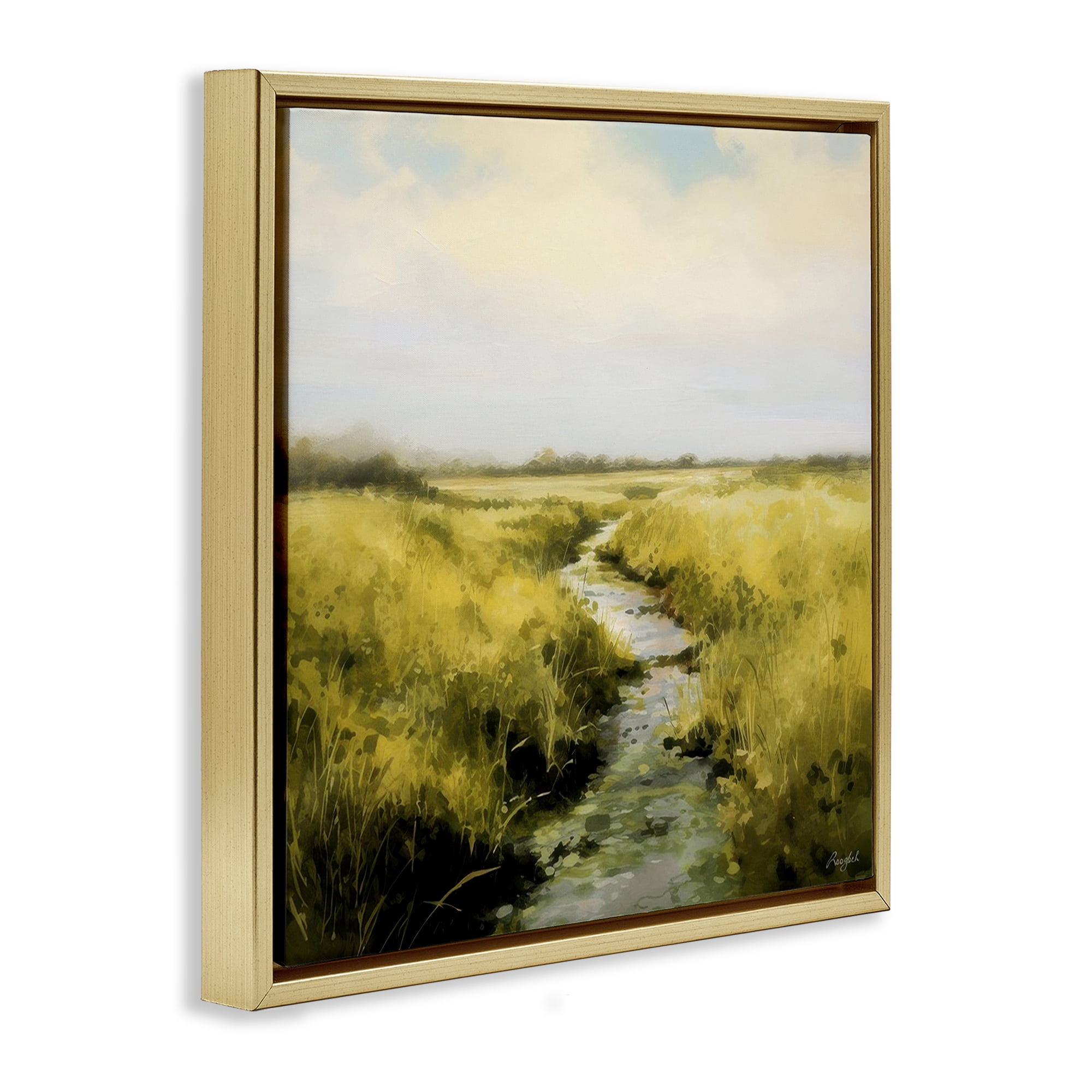 Stupell Industries Calming Horizon Stream Landscape & Nature Painting Gold Floater Framed Canvas Art Print Wall Art, 25 x 25