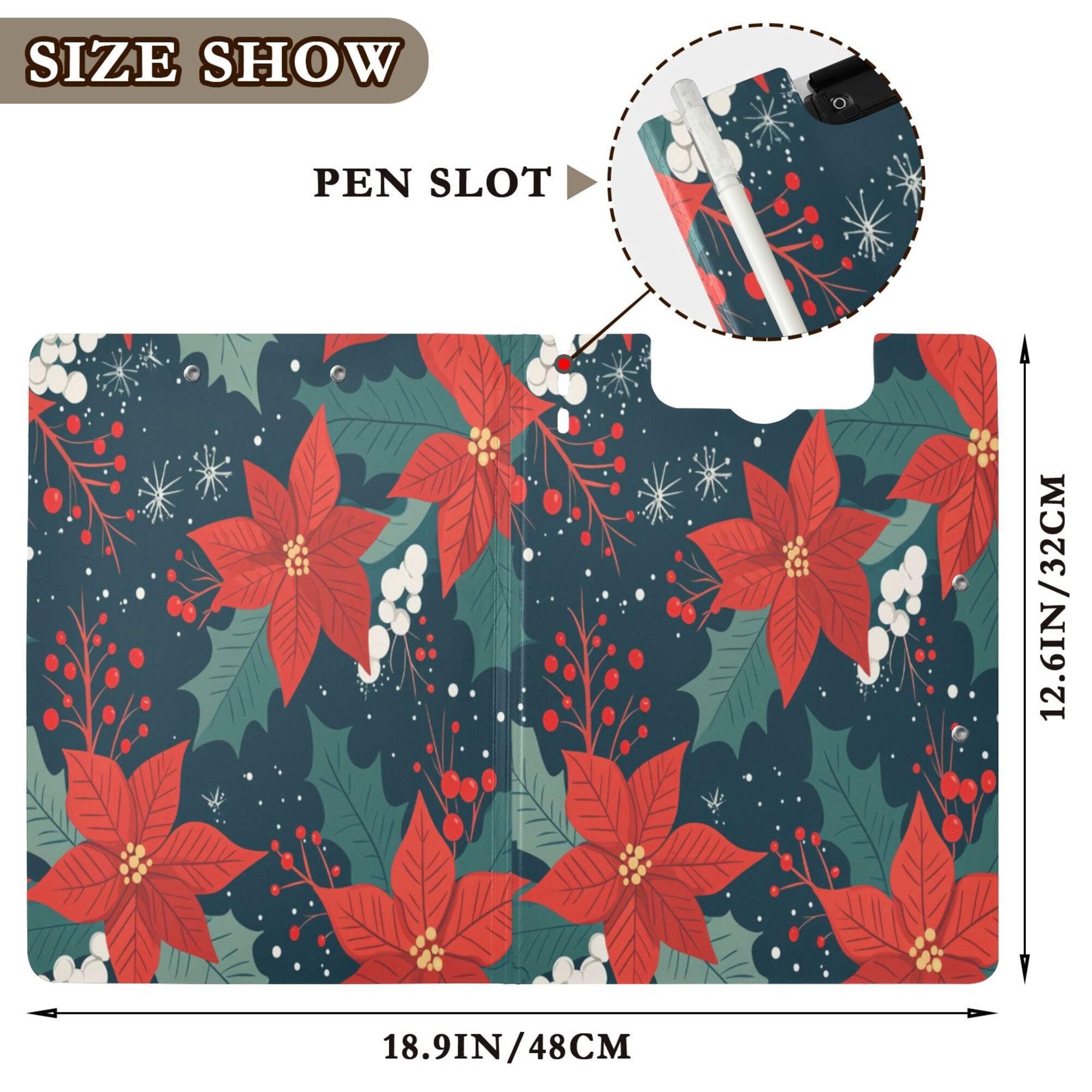 FORMRS A4 Clipboard Folder with Pen Holder Horizontal Foldable School Office Binder, Christmas Berries
